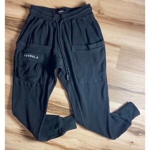 YoungLA 217 Waffle Knit Cargo Joggers Mens Small Black Athletic Sweatpants
